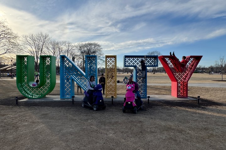 a group of kids in a grassy field with Cadillac Ranch in the background